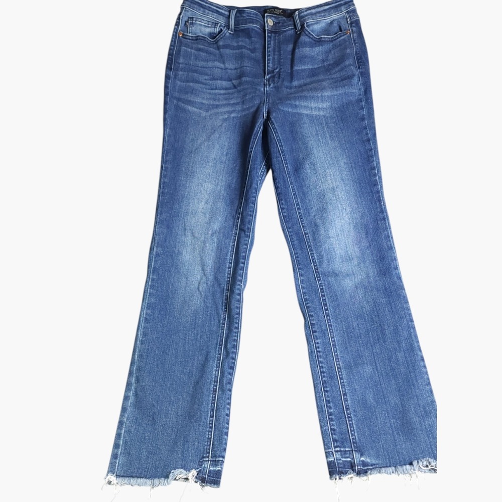 Judy Blue Straight Fit Jeans Size 15/32 Dark Wash Mid Rise Stretch Frayed Hem